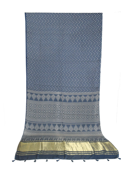 Laheryu Print Modal Silk Lagdi Patto with Tassels Screen Print Hand Printed Saree  - With Blouse Piece - 5.5 Mtr Length    -  SKU : ID04C02A