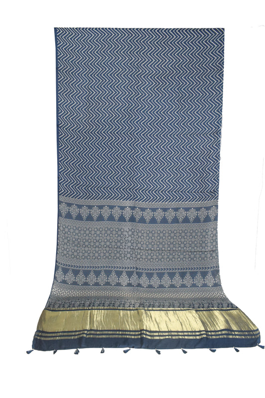 Laheryu Print Modal Silk Lagdi Patto with Tassels Screen Print Hand Printed Saree  - With Blouse Piece - 5.5 Mtr Length    -  SKU : ID04C02A