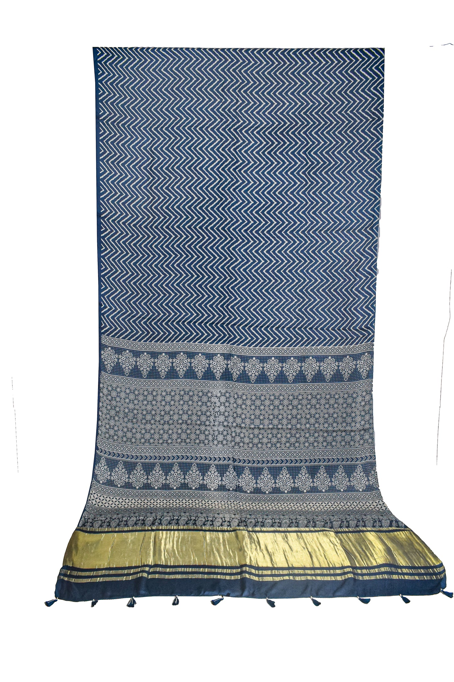 Laheryu Print Modal Silk Lagdi Patto with Tassels Screen Print Hand Printed Saree  - With Blouse Piece - 5.5 Mtr Length    -  SKU : ID04C02A