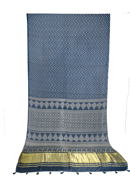 Laheryu Print Modal Silk Lagdi Patto with Tassels Screen Print Hand Printed Saree  - With Blouse Piece - 5.5 Mtr Length    -  SKU : ID04C02A