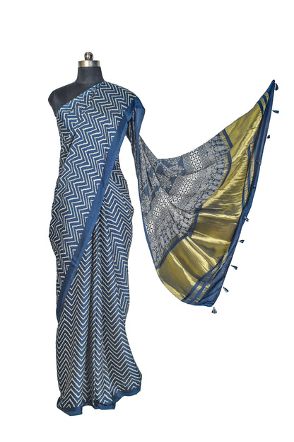 Laheryu Print Modal Silk Lagdi Patto with Tassels Screen Print Hand Printed Saree  - With Blouse Piece - 5.5 Mtr Length    -  SKU : ID04C02A