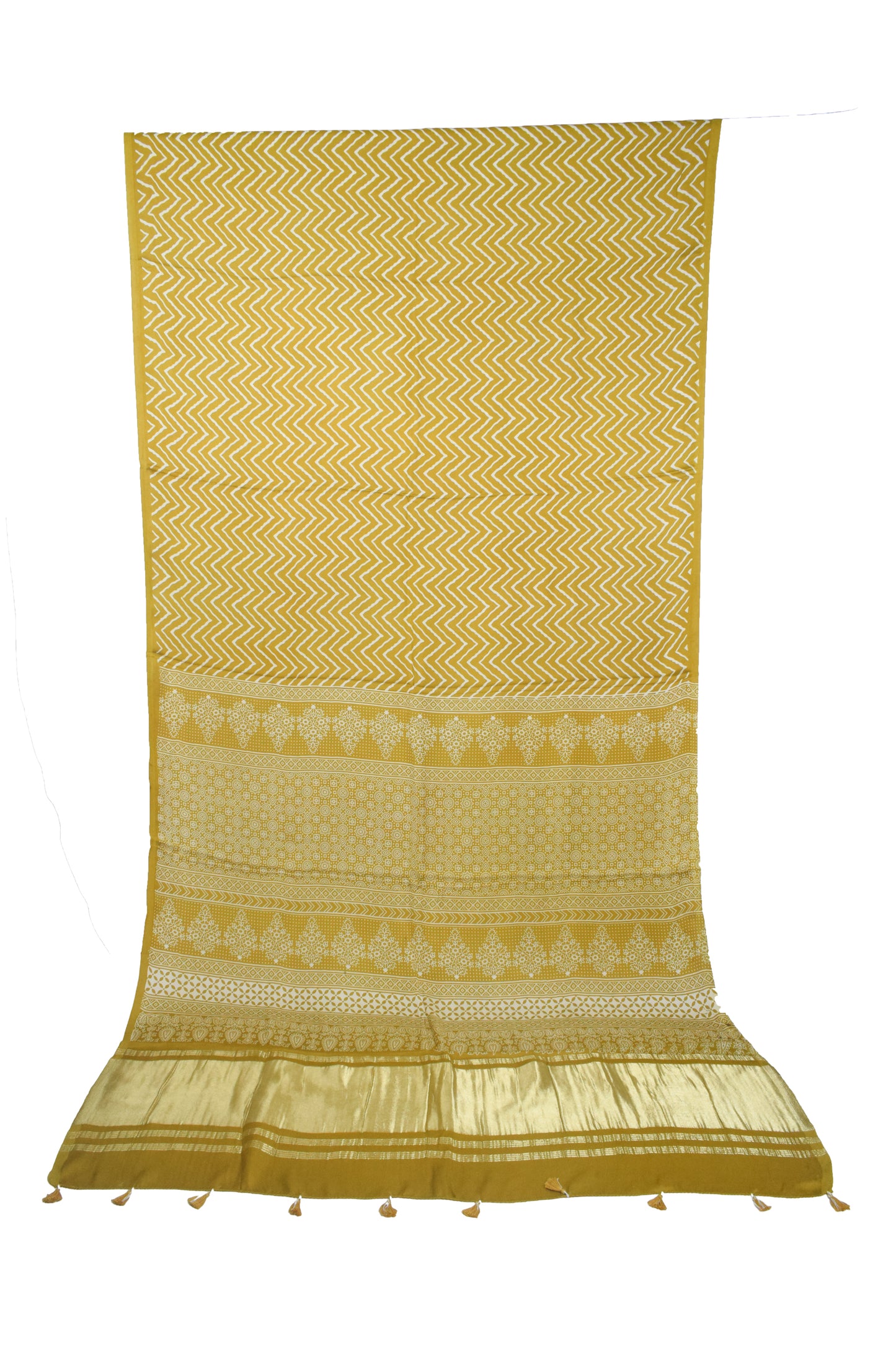 Laheryu Print Modal Silk Lagdi Patto with Tassels Screen Print Hand Printed Saree  - With Blouse Piece - 5.5 Mtr Length    -  SKU : ID04C02B