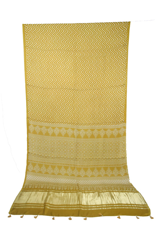 Laheryu Print Modal Silk Lagdi Patto with Tassels Screen Print Hand Printed Saree  - With Blouse Piece - 5.5 Mtr Length    -  SKU : ID04C02B