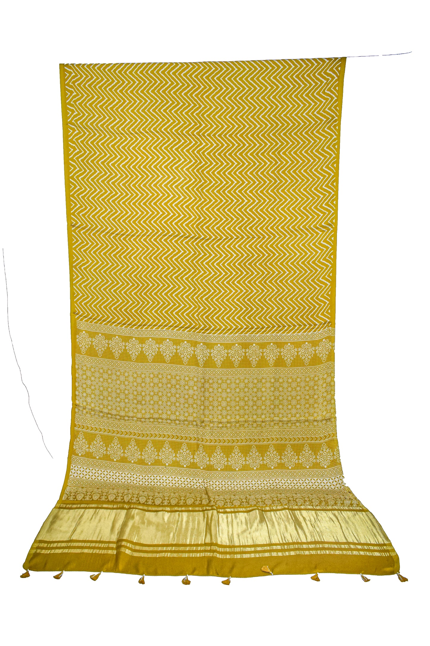 Laheryu Print Modal Silk Lagdi Patto with Tassels Screen Print Hand Printed Saree  - With Blouse Piece - 5.5 Mtr Length    -  SKU : ID04C02B