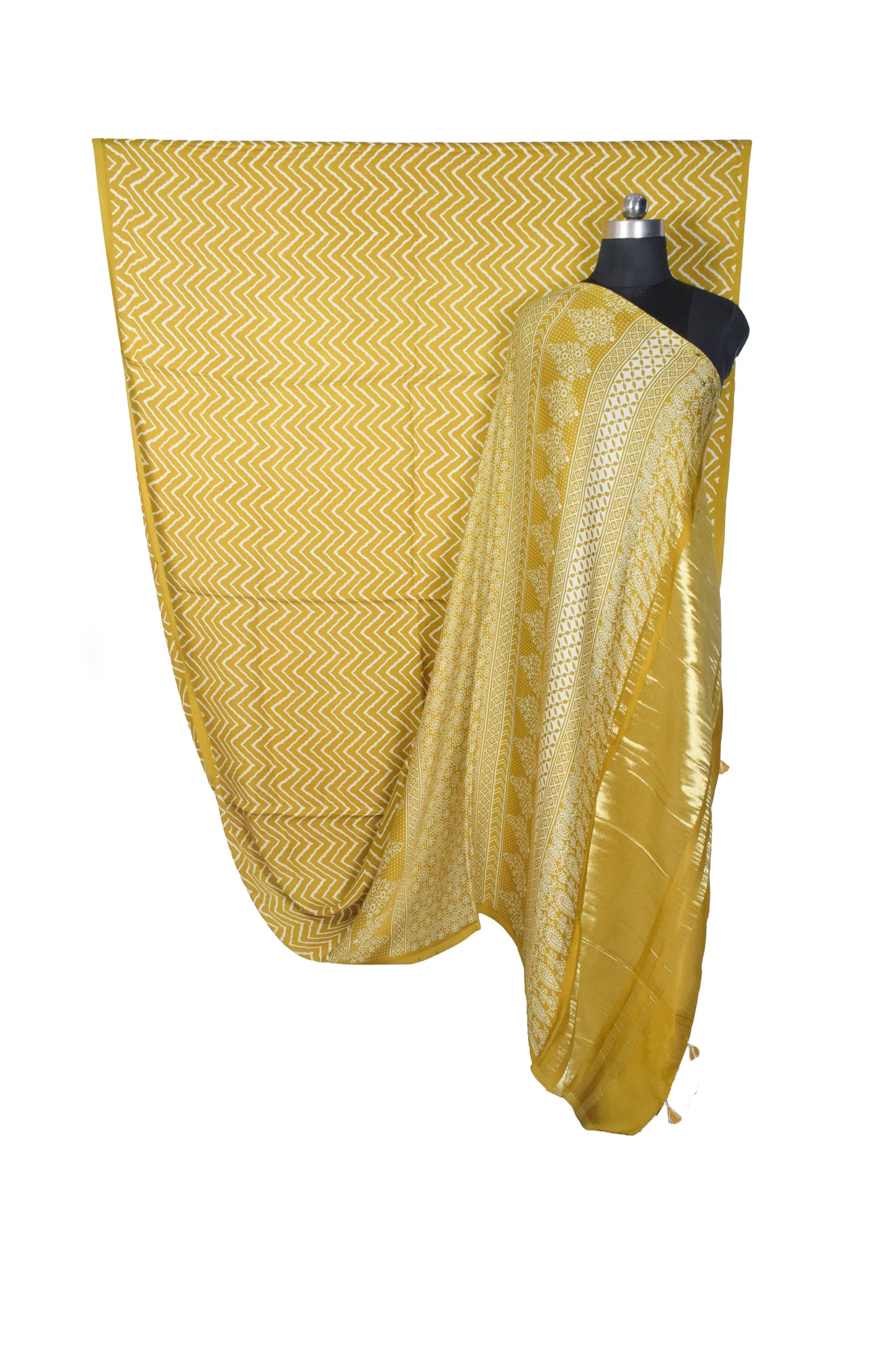 Laheryu Print Modal Silk Lagdi Patto with Tassels Screen Print Hand Printed Saree  - With Blouse Piece - 5.5 Mtr Length    -  SKU : ID04C02B