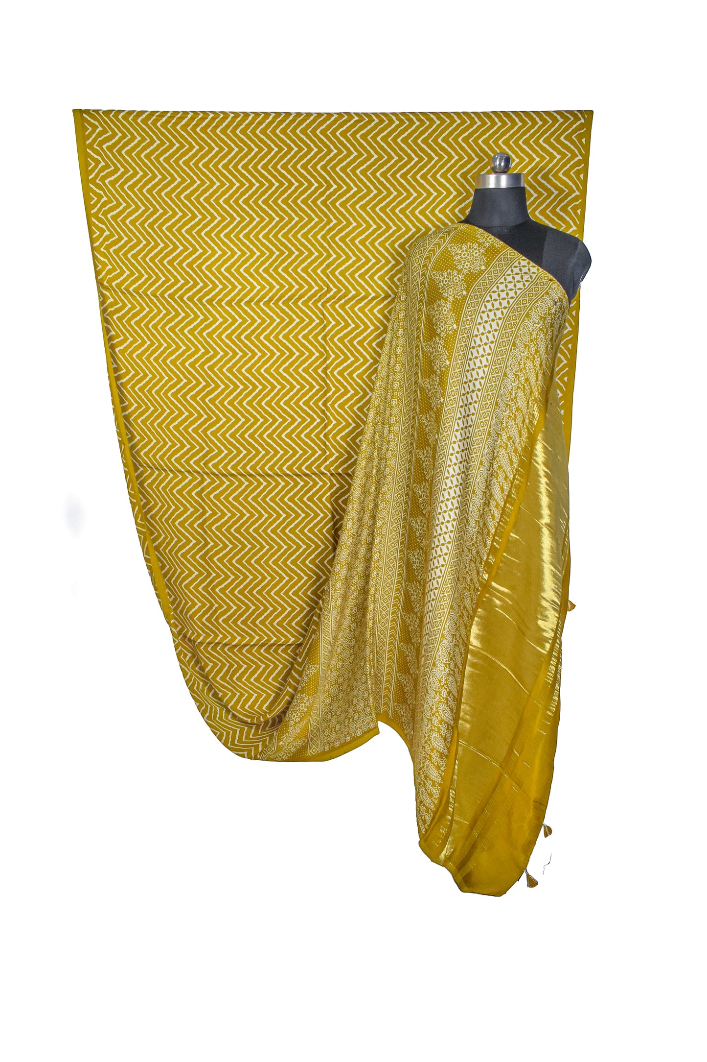 Laheryu Print Modal Silk Lagdi Patto with Tassels Screen Print Hand Printed Saree  - With Blouse Piece - 5.5 Mtr Length    -  SKU : ID04C02B