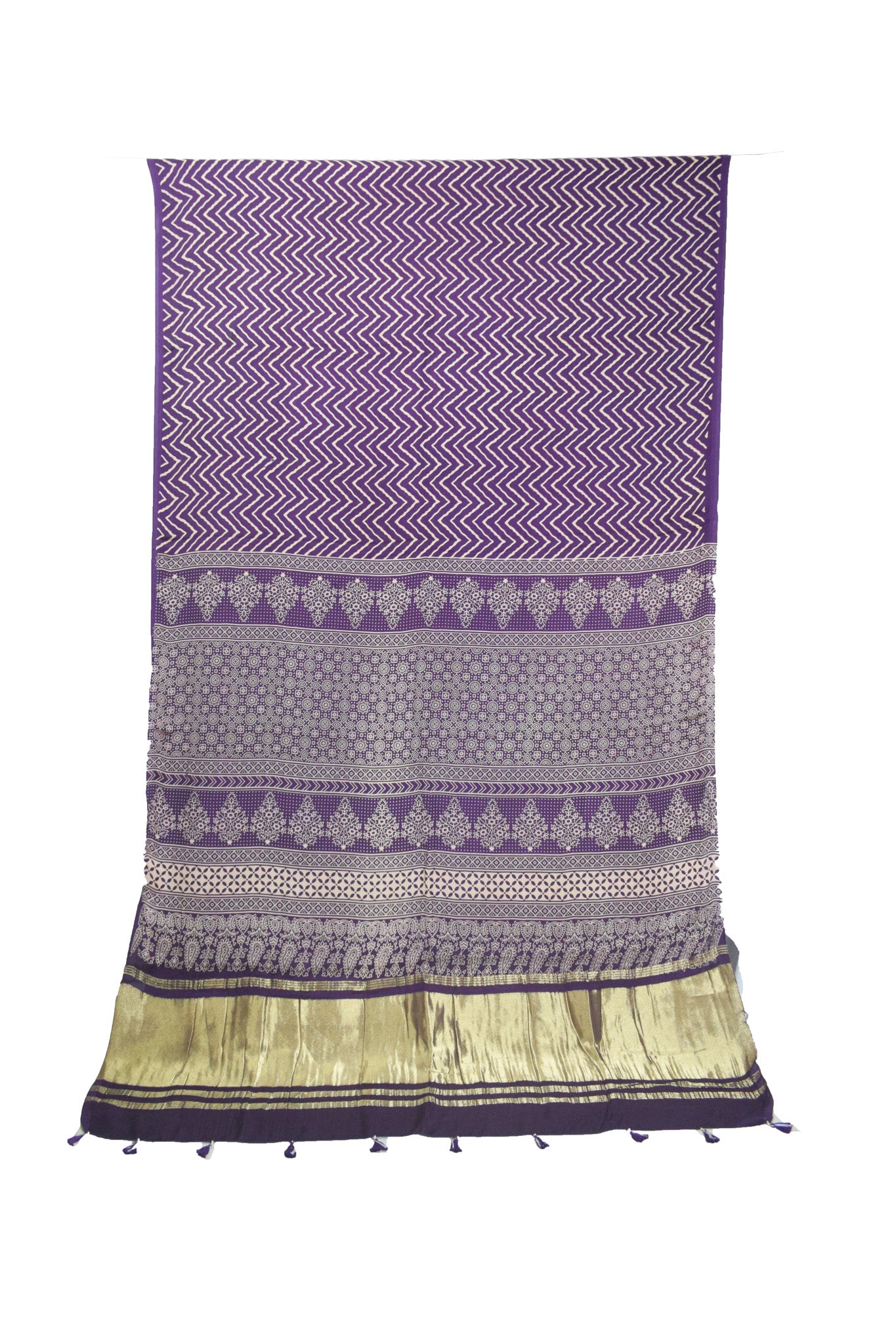 Laheryu Print Modal Silk Lagdi Patto with Tassels Screen Print Hand Printed Saree  - With Blouse Piece - 5.5 Mtr Length    -  SKU : ID04C02D
