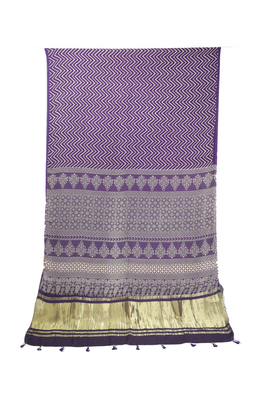 Laheryu Print Modal Silk Lagdi Patto with Tassels Screen Print Hand Printed Saree  - With Blouse Piece - 5.5 Mtr Length    -  SKU : ID04C02D
