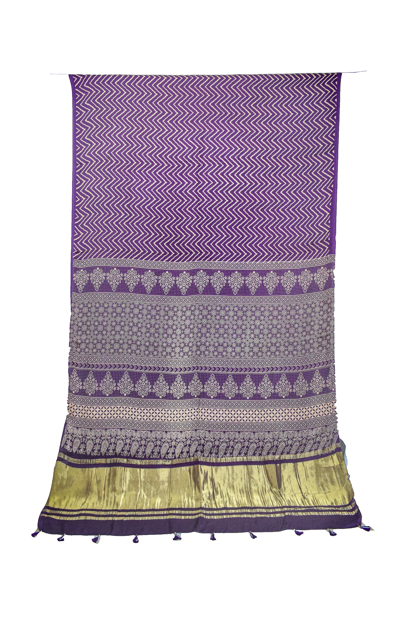 Laheryu Print Modal Silk Lagdi Patto with Tassels Screen Print Hand Printed Saree  - With Blouse Piece - 5.5 Mtr Length    -  SKU : ID04C02D