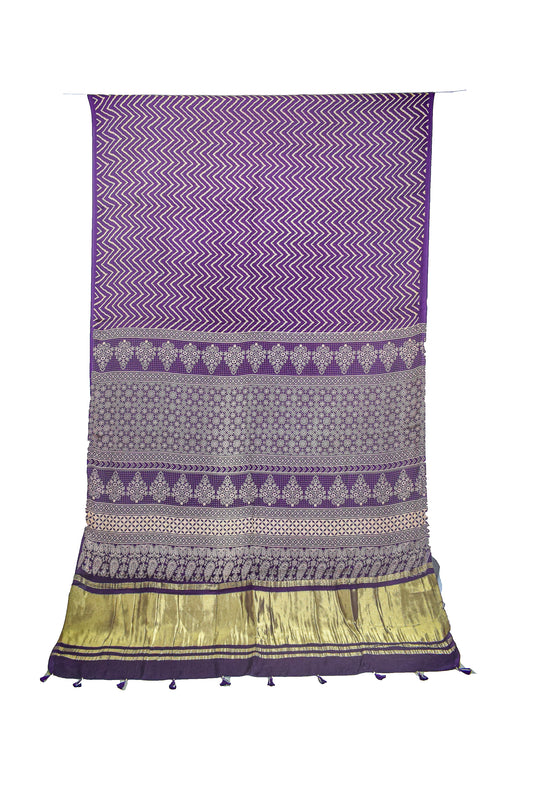 Laheryu Print Modal Silk Lagdi Patto with Tassels Screen Print Hand Printed Saree  - With Blouse Piece - 5.5 Mtr Length    -  SKU : ID04C02D