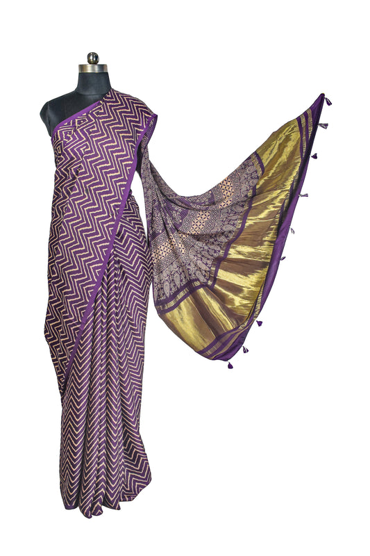 Laheryu Print Modal Silk Lagdi Patto with Tassels Screen Print Hand Printed Saree  - With Blouse Piece - 5.5 Mtr Length    -  SKU : ID04C02D