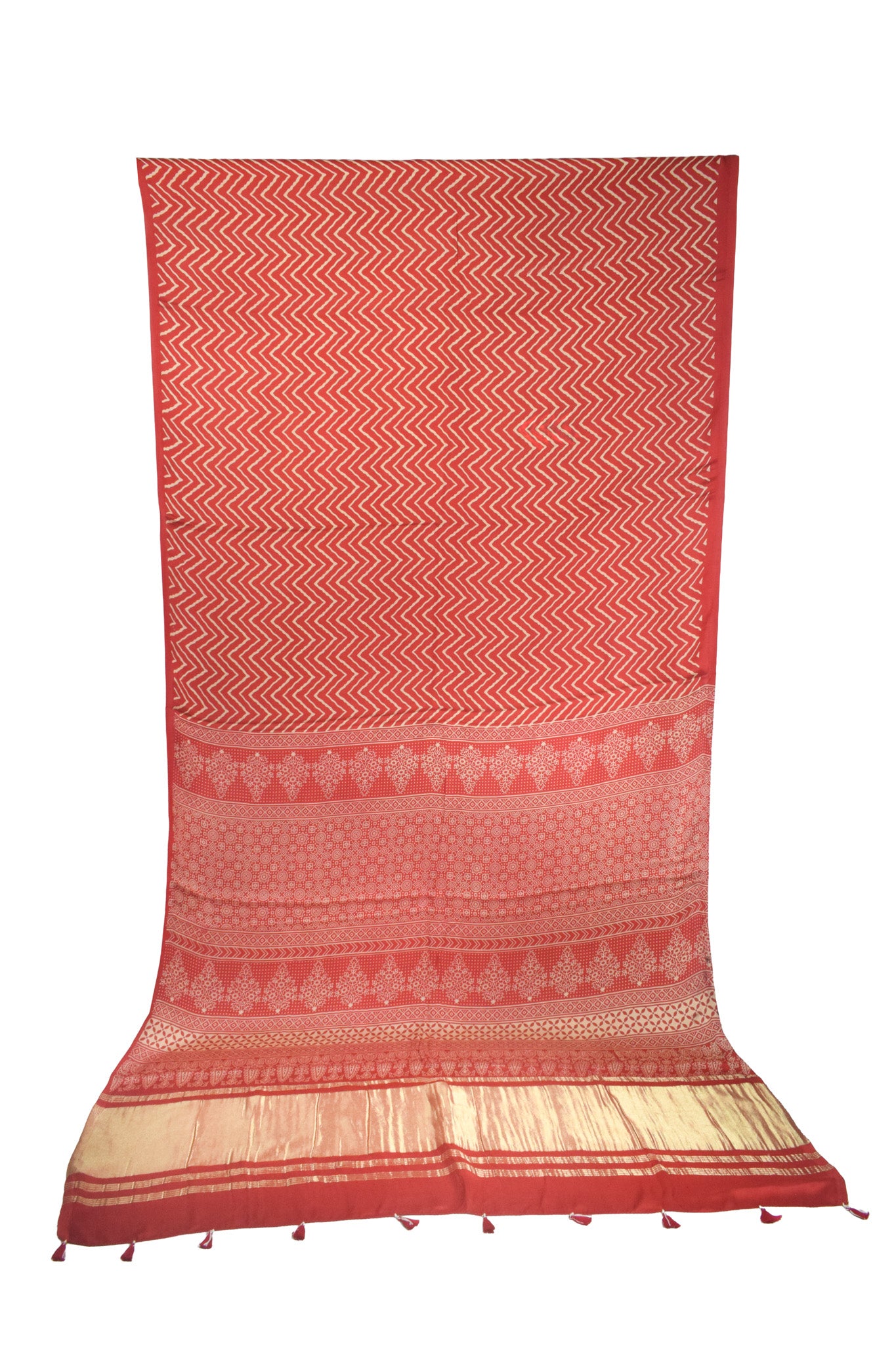 Laheryu Print Modal Silk Lagdi Patto with Tassels Screen Print Hand Printed Saree  - With Blouse Piece - 5.5 Mtr Length    -  SKU : ID04C02E