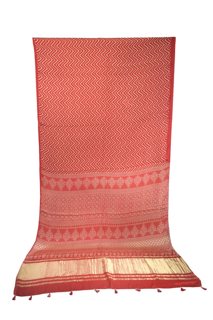 Laheryu Print Modal Silk Lagdi Patto with Tassels Screen Print Hand Printed Saree  - With Blouse Piece - 5.5 Mtr Length    -  SKU : ID04C02E