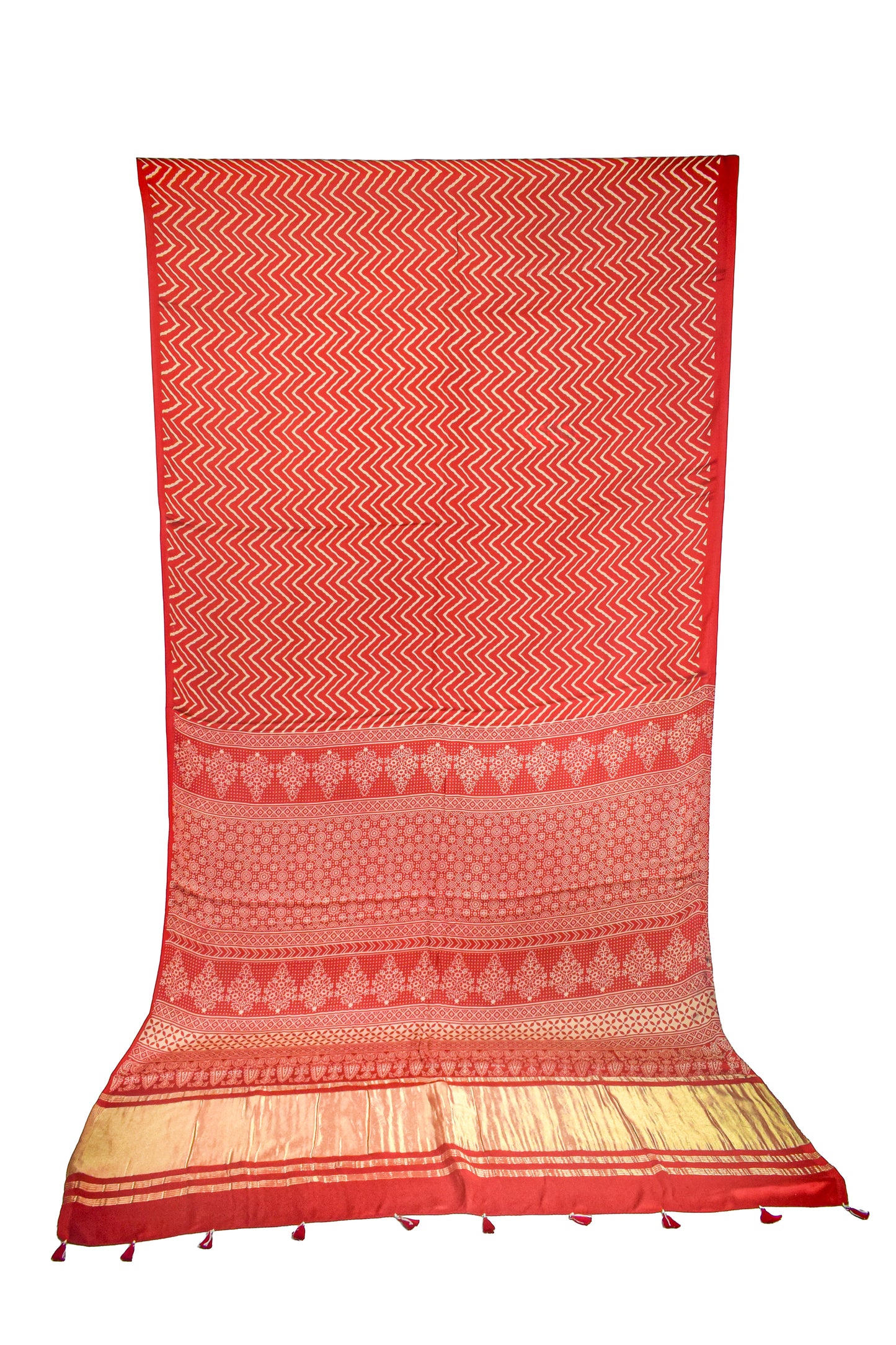 Laheryu Print Modal Silk Lagdi Patto with Tassels Screen Print Hand Printed Saree  - With Blouse Piece - 5.5 Mtr Length    -  SKU : ID04C02E