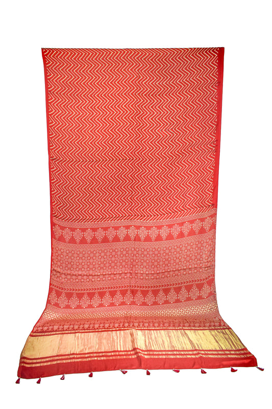 Laheryu Print Modal Silk Lagdi Patto with Tassels Screen Print Hand Printed Saree  - With Blouse Piece - 5.5 Mtr Length    -  SKU : ID04C02E