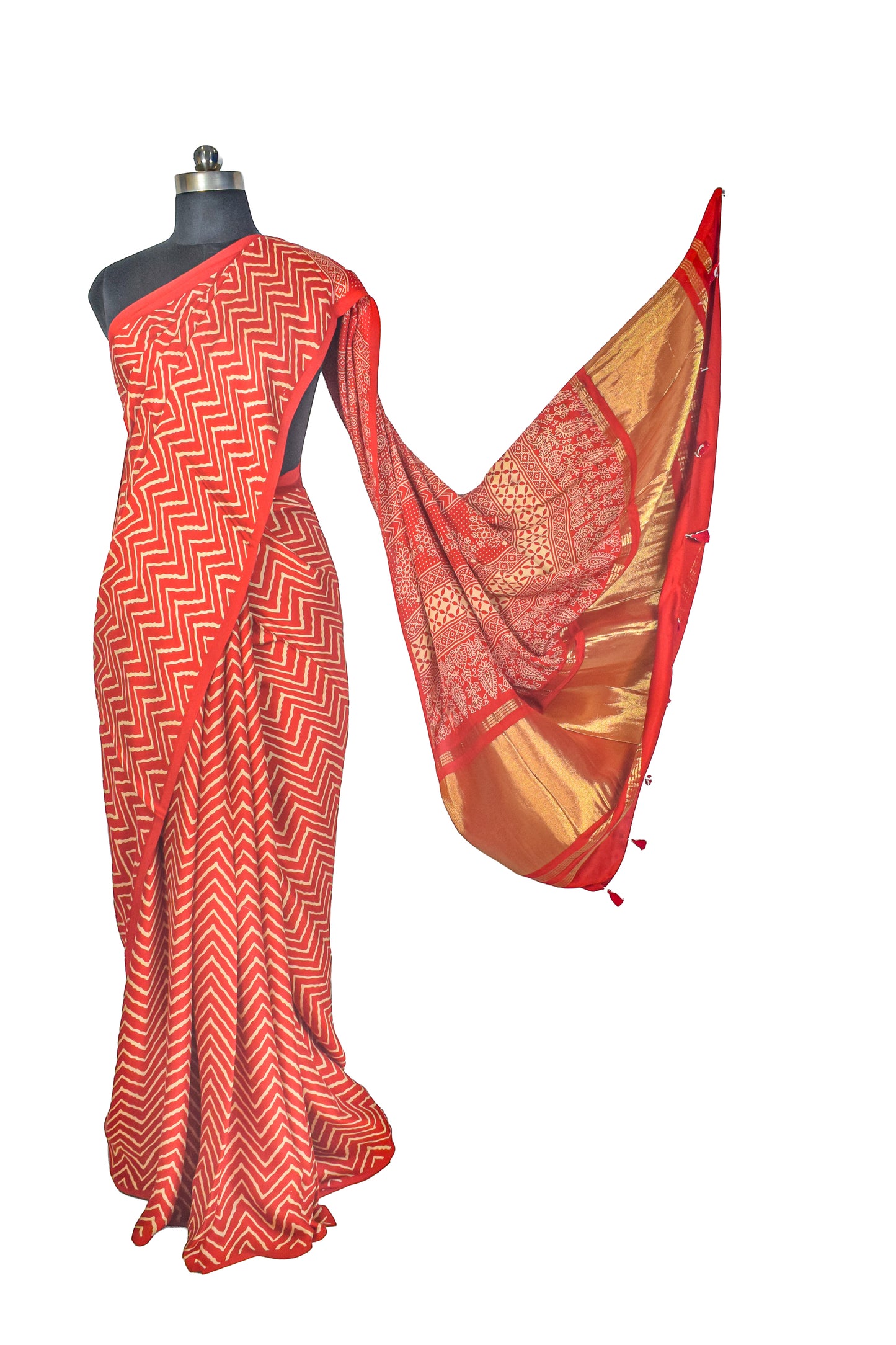 Laheryu Print Modal Silk Lagdi Patto with Tassels Screen Print Hand Printed Saree  - With Blouse Piece - 5.5 Mtr Length    -  SKU : ID04C02E