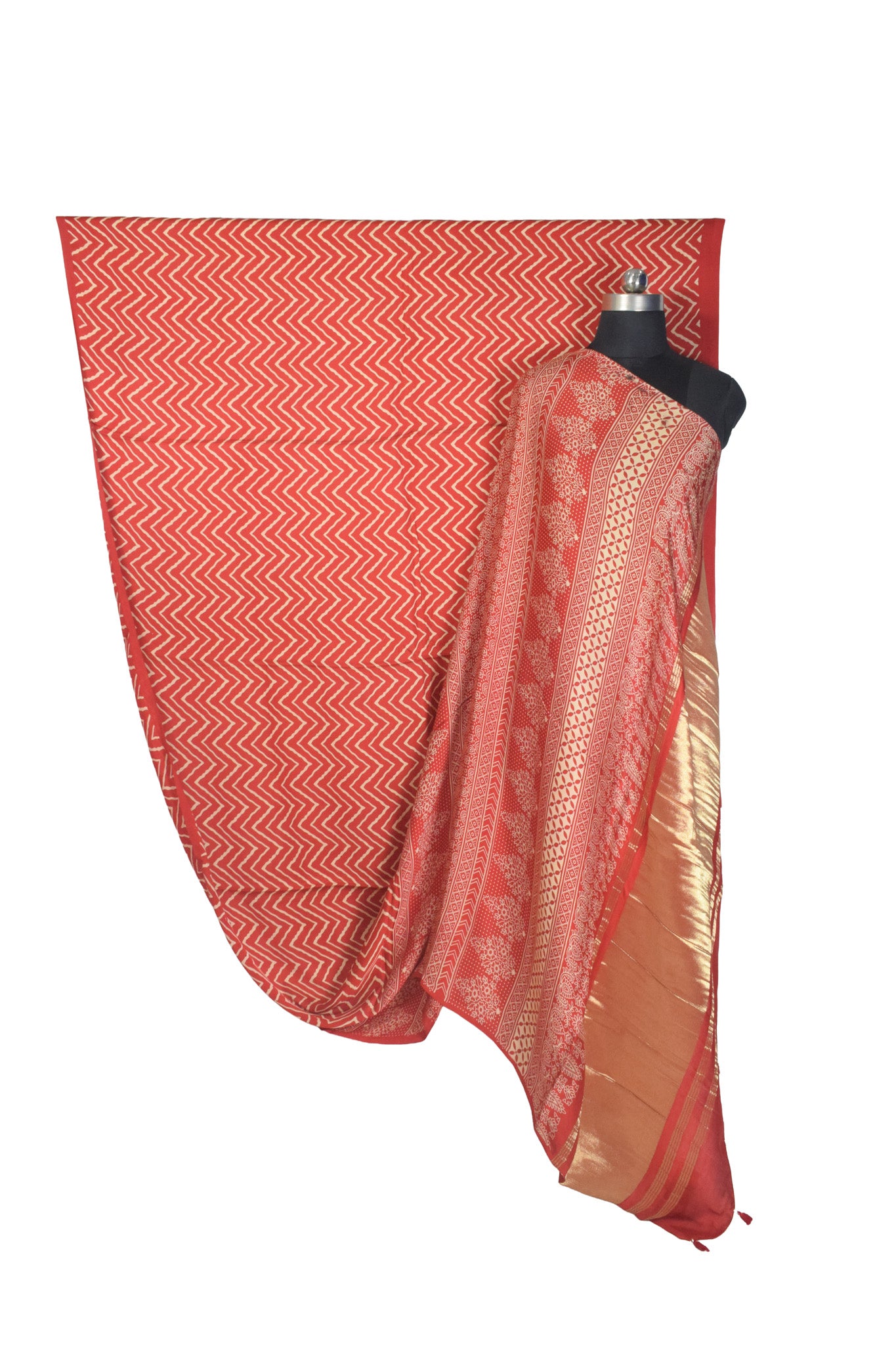 Laheryu Print Modal Silk Lagdi Patto with Tassels Screen Print Hand Printed Saree  - With Blouse Piece - 5.5 Mtr Length    -  SKU : ID04C02E