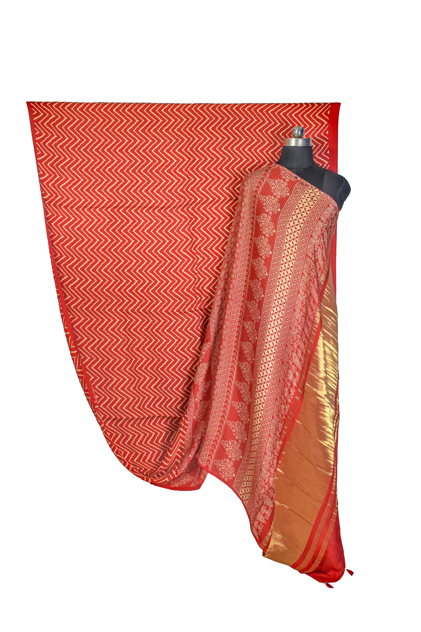 Laheryu Print Modal Silk Lagdi Patto with Tassels Screen Print Hand Printed Saree  - With Blouse Piece - 5.5 Mtr Length    -  SKU : ID04C02E