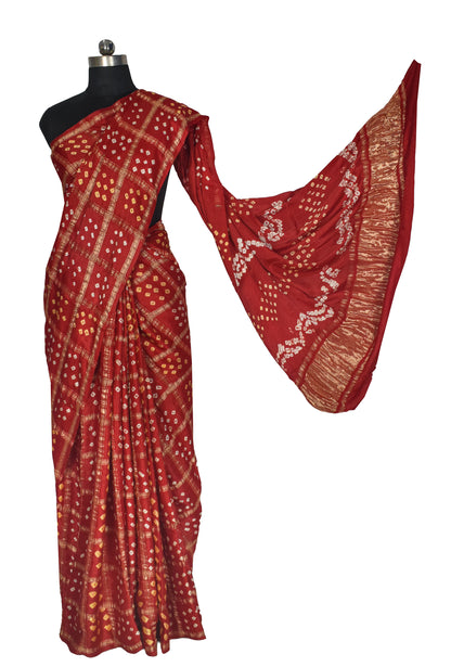 Bandhej [ Tie-Dye] Modal Silk Gharchola Design Golden Border Saree with Blouse Piece - 5.5 Mtr Length    -  SKU : MG01301A