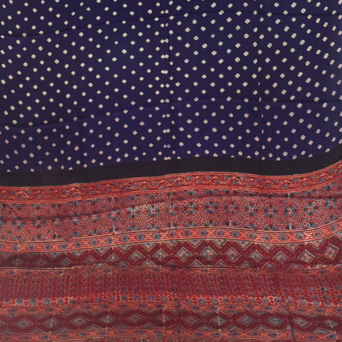 Bandhej [ Tie-Dye] Modal Silk Part Natural Dye Ajrakh Pallu Hand Block Print Saree with Blouse Piece - 5.5 Mtr Length   -  SKU : ZD27702A