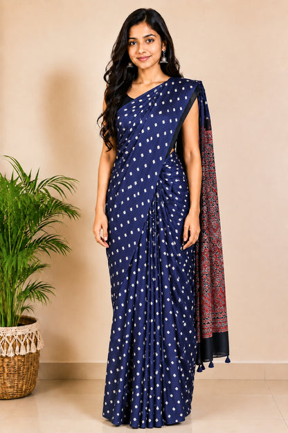 Bandhej [ Tie-Dye] Modal Silk Part Natural Dye Ajrakh Pallu Hand Block Print Saree with Blouse Piece - 5.5 Mtr Length   -  SKU : ZD27702A