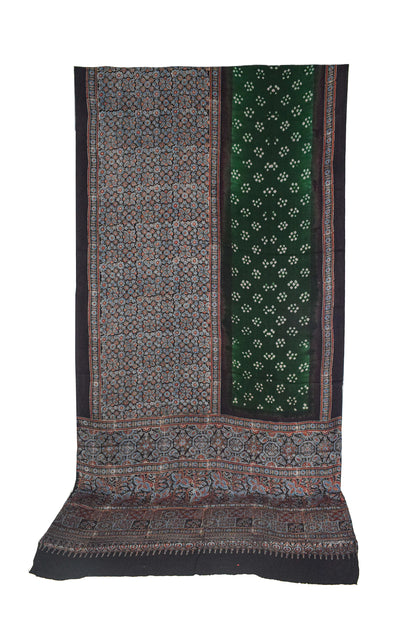Ajrakh Modal Silk Part Natural Dye Half Bandhej Hand Block Print Saree with Blouse Piece - 5.5 Mtr Length    -  SKU : ZD18902A