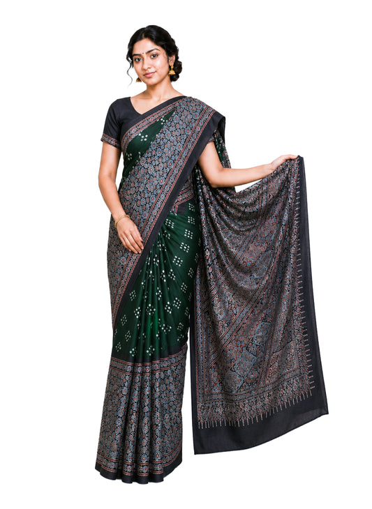Ajrakh Modal Silk Part Natural Dye Half Bandhej Hand Block Print Saree with Blouse Piece - 5.5 Mtr Length    -  SKU : ZD18902A