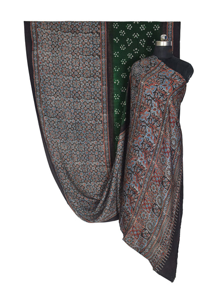Ajrakh Modal Silk Part Natural Dye Half Bandhej Hand Block Print Saree with Blouse Piece - 5.5 Mtr Length    -  SKU : ZD18902A