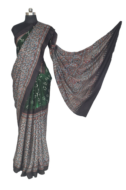 Ajrakh Modal Silk Part Natural Dye Half Bandhej Hand Block Print Saree with Blouse Piece - 5.5 Mtr Length    -  SKU : ZD18902A