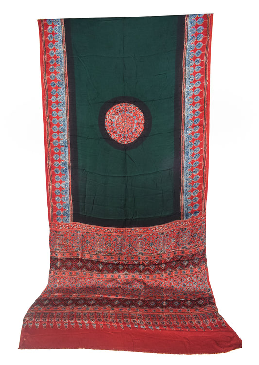 Plain Dyeing Modal Silk Part Natural Dye With Full Ajrakh Border & Ajrakh Pallu Hand Block Print Saree with Blouse Piece - 5.5 Mtr Length   -  SKU : 0166-GRRE
