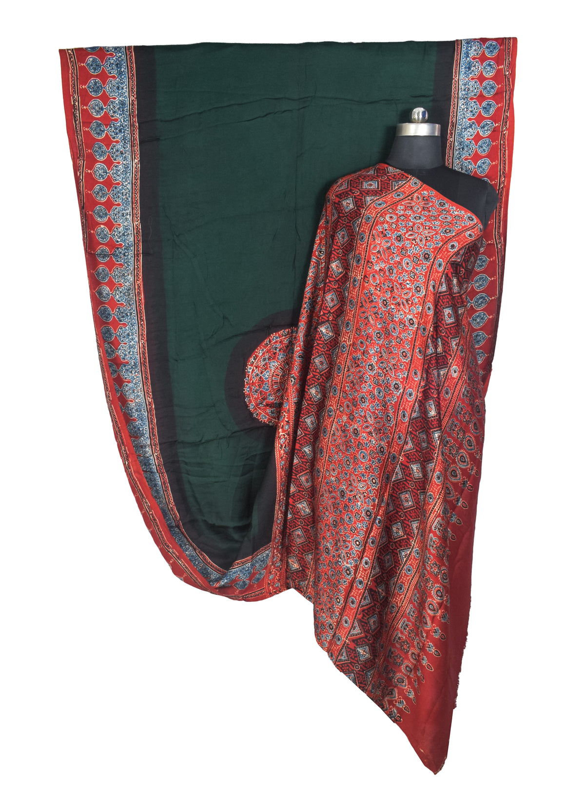 Plain Dyeing Modal Silk Part Natural Dye With Full Ajrakh Border & Ajrakh Pallu Hand Block Print Saree with Blouse Piece - 5.5 Mtr Length   -  SKU : 0166-GRRE