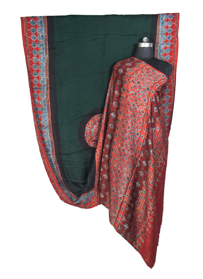 Plain Dyeing Modal Silk Part Natural Dye With Full Ajrakh Border & Ajrakh Pallu Hand Block Print Saree with Blouse Piece - 5.5 Mtr Length   -  SKU : 0166-GRRE