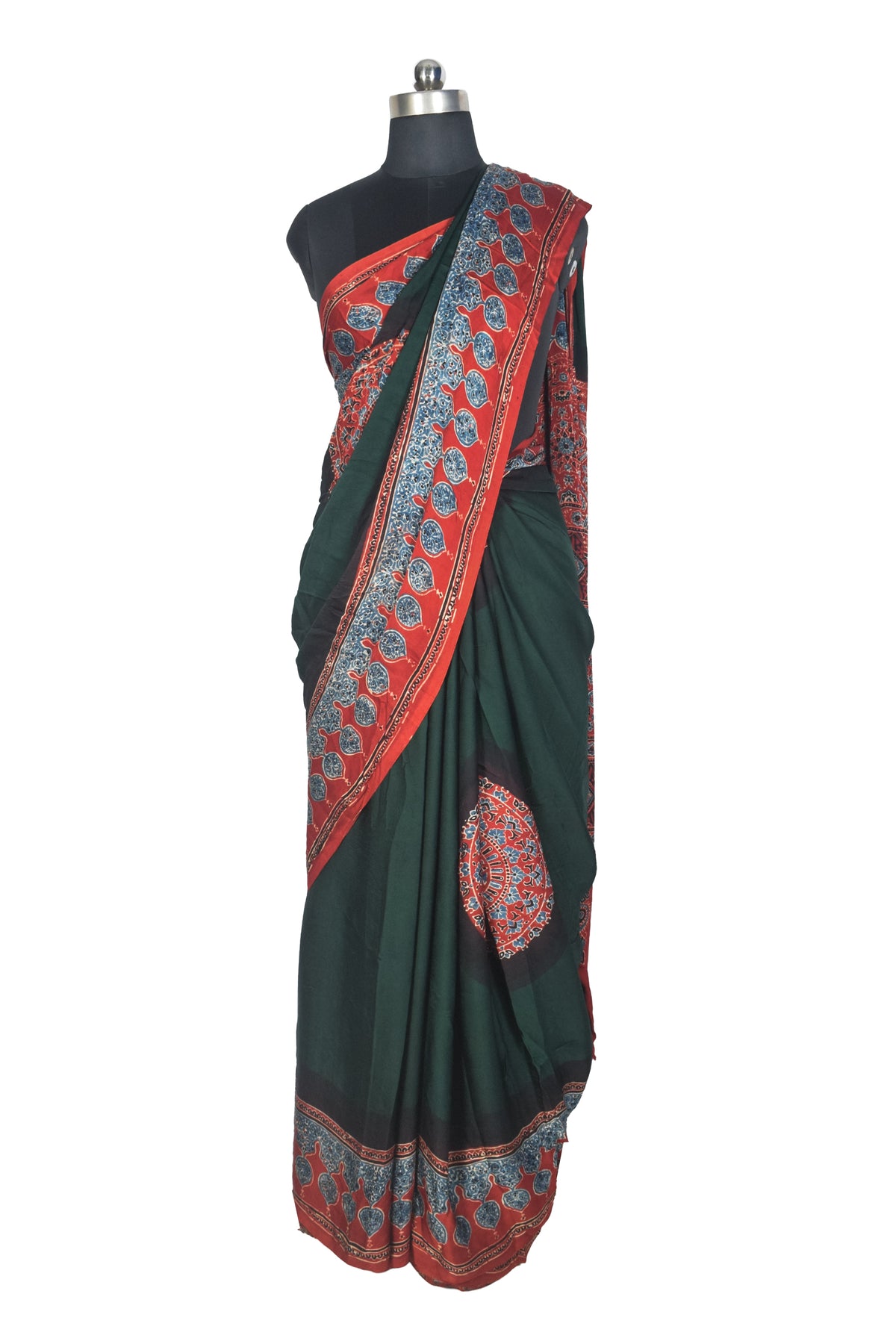 Plain Dyeing Modal Silk Part Natural Dye With Full Ajrakh Border & Ajrakh Pallu Hand Block Print Saree with Blouse Piece - 5.5 Mtr Length   -  SKU : 0166-GRRE