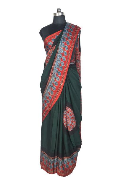 Plain Dyeing Modal Silk Part Natural Dye With Full Ajrakh Border & Ajrakh Pallu Hand Block Print Saree with Blouse Piece - 5.5 Mtr Length   -  SKU : 0166-GRRE