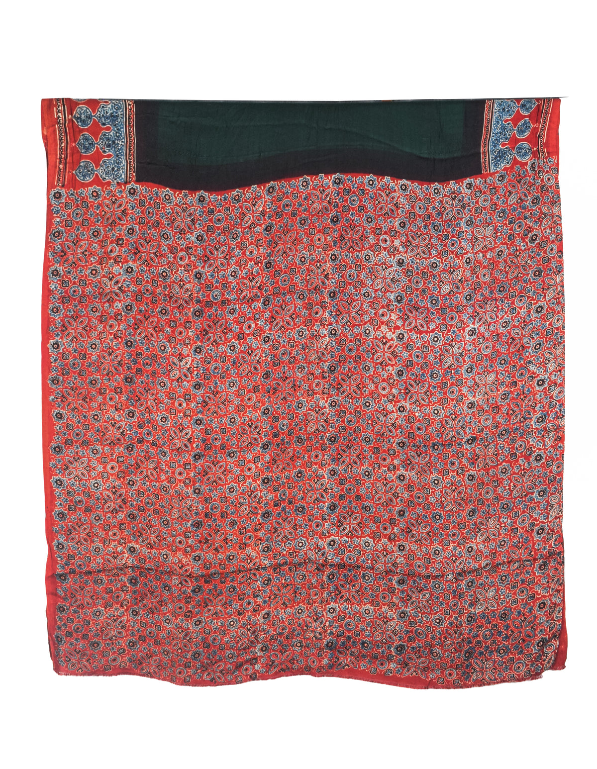 Plain Dyeing Modal Silk Part Natural Dye With Full Ajrakh Border & Ajrakh Pallu Hand Block Print Saree with Blouse Piece - 5.5 Mtr Length   -  SKU : 0166-GRRE