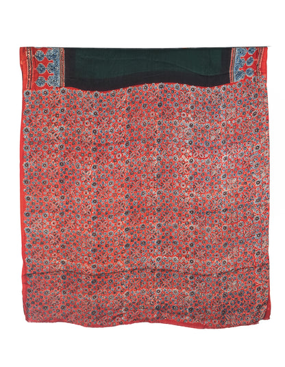Plain Dyeing Modal Silk Part Natural Dye With Full Ajrakh Border & Ajrakh Pallu Hand Block Print Saree with Blouse Piece - 5.5 Mtr Length   -  SKU : 0166-GRRE