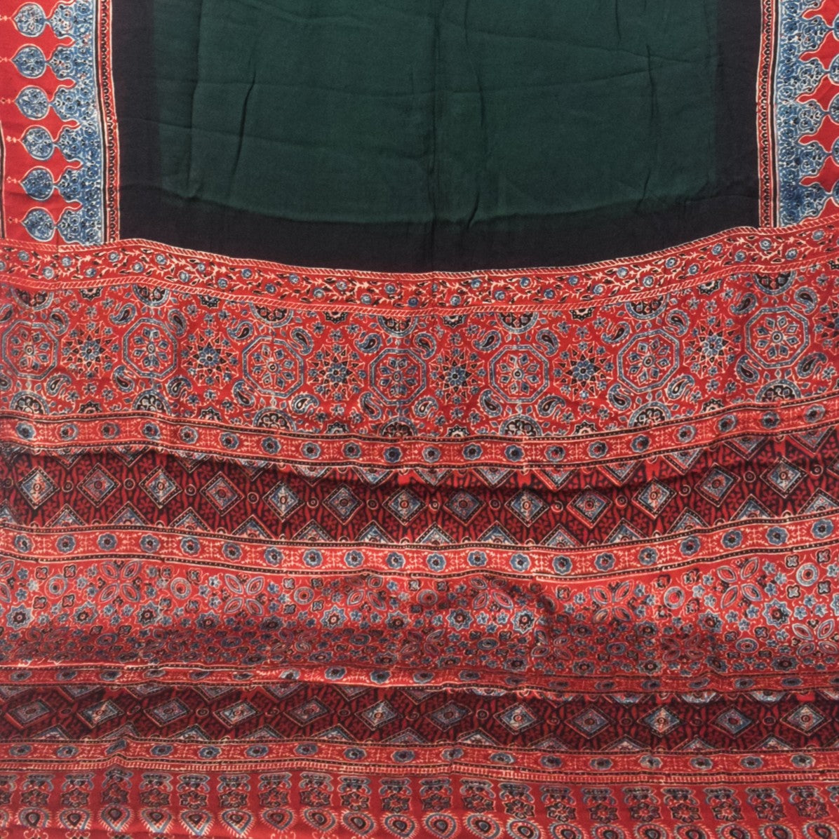 Plain Dyeing Modal Silk Part Natural Dye With Full Ajrakh Border & Ajrakh Pallu Hand Block Print Saree with Blouse Piece - 5.5 Mtr Length   -  SKU : 0166-GRRE