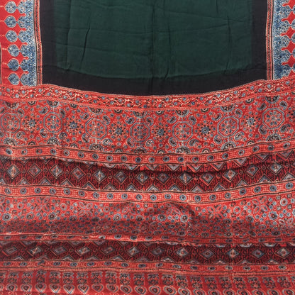 Plain Dyeing Modal Silk Part Natural Dye With Full Ajrakh Border & Ajrakh Pallu Hand Block Print Saree with Blouse Piece - 5.5 Mtr Length   -  SKU : 0166-GRRE