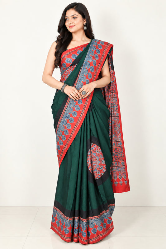 Plain Dyeing Modal Silk Part Natural Dye With Full Ajrakh Border & Ajrakh Pallu Hand Block Print Saree with Blouse Piece - 5.5 Mtr Length   -  SKU : 0166-GRRE
