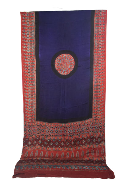 Plain Dyeing Modal Silk Part Natural Dye With Full Ajrakh Border & Ajrakh Pallu Hand Block Print Saree with Blouse Piece - 5.5 Mtr Length   -  SKU : 0166-NBRE
