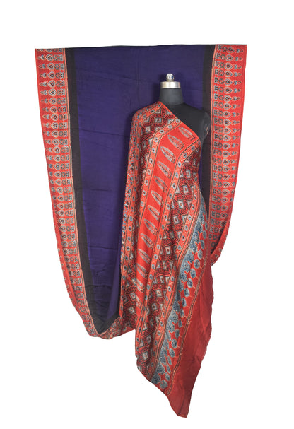Plain Dyeing Modal Silk Part Natural Dye With Full Ajrakh Border & Ajrakh Pallu Hand Block Print Saree with Blouse Piece - 5.5 Mtr Length   -  SKU : 0166-NBRE