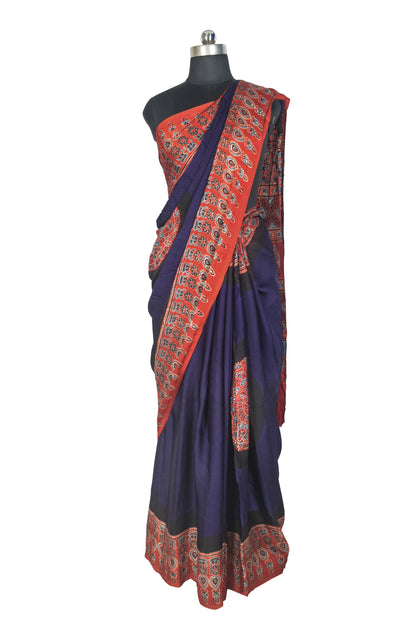 Plain Dyeing Modal Silk Part Natural Dye With Full Ajrakh Border & Ajrakh Pallu Hand Block Print Saree with Blouse Piece - 5.5 Mtr Length   -  SKU : 0166-NBRE