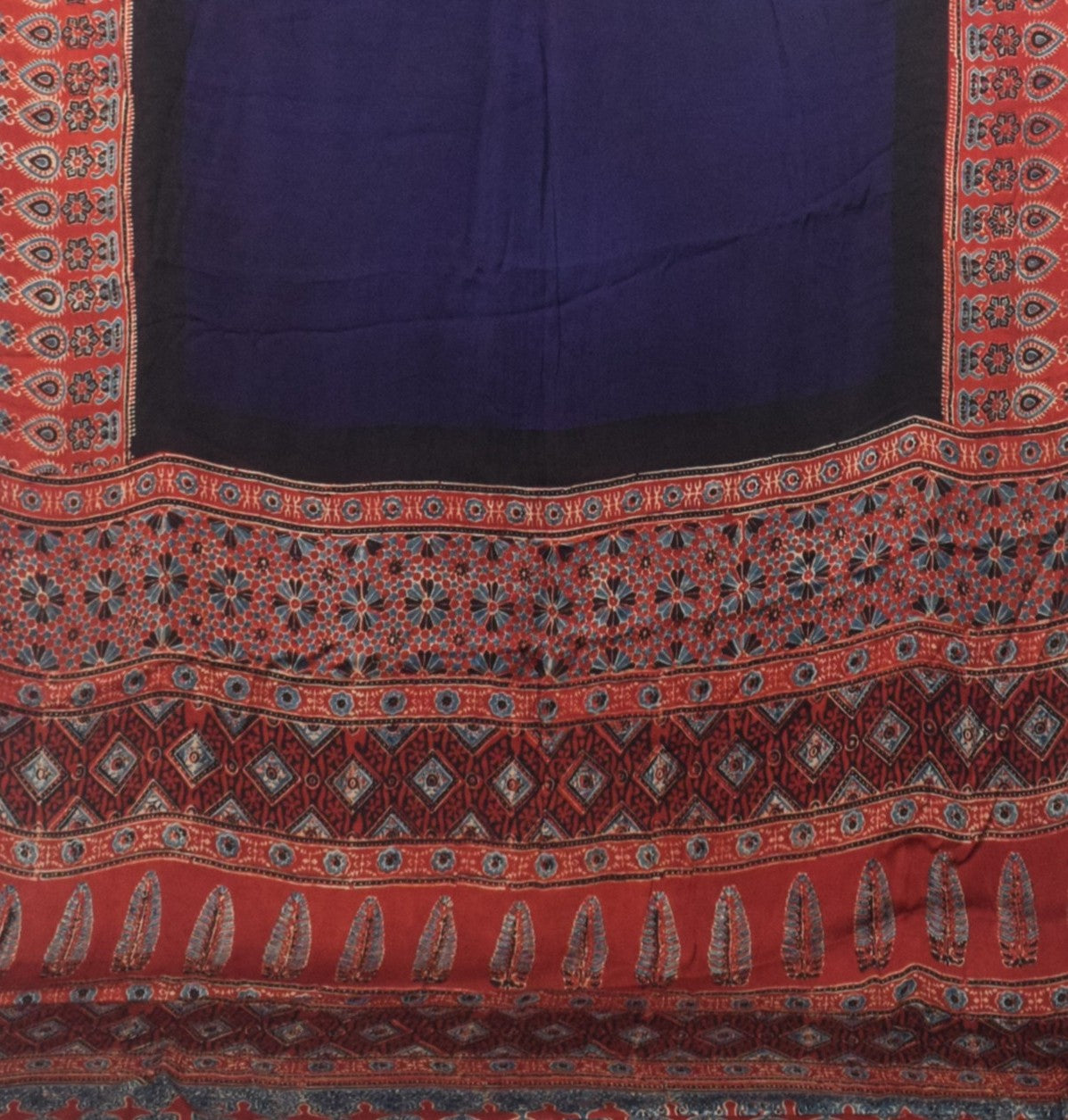 Plain Dyeing Modal Silk Part Natural Dye With Full Ajrakh Border & Ajrakh Pallu Hand Block Print Saree with Blouse Piece - 5.5 Mtr Length   -  SKU : 0166-NBRE