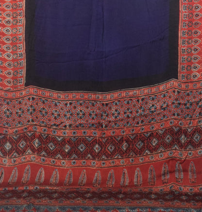 Plain Dyeing Modal Silk Part Natural Dye With Full Ajrakh Border & Ajrakh Pallu Hand Block Print Saree with Blouse Piece - 5.5 Mtr Length   -  SKU : 0166-NBRE