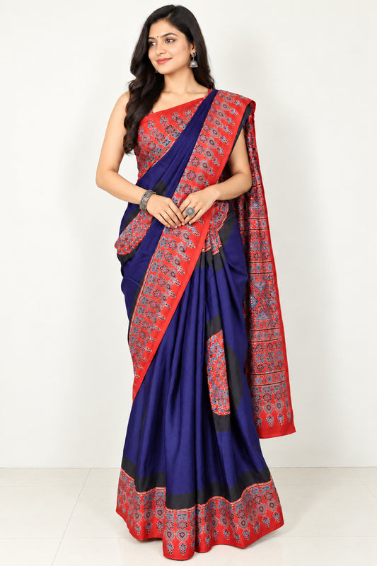 Plain Dyeing Modal Silk Part Natural Dye With Full Ajrakh Border & Ajrakh Pallu Hand Block Print Saree with Blouse Piece - 5.5 Mtr Length   -  SKU : 0166-NBRE