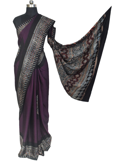 Plain Dyeing Modal Silk Part Natural Dye With Full Ajrakh Border & Ajrakh Pallu Hand Block Print Saree with Blouse Piece - 5.5 Mtr Length    -  SKU : 0166-PUBK