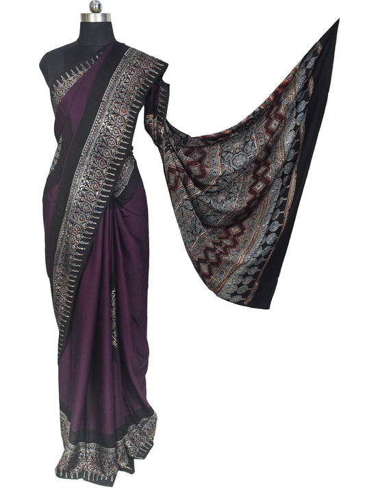Plain Dyeing Modal Silk Part Natural Dye With Full Ajrakh Border & Ajrakh Pallu Hand Block Print Saree with Blouse Piece - 5.5 Mtr Length    -  SKU : 0166-PUBK