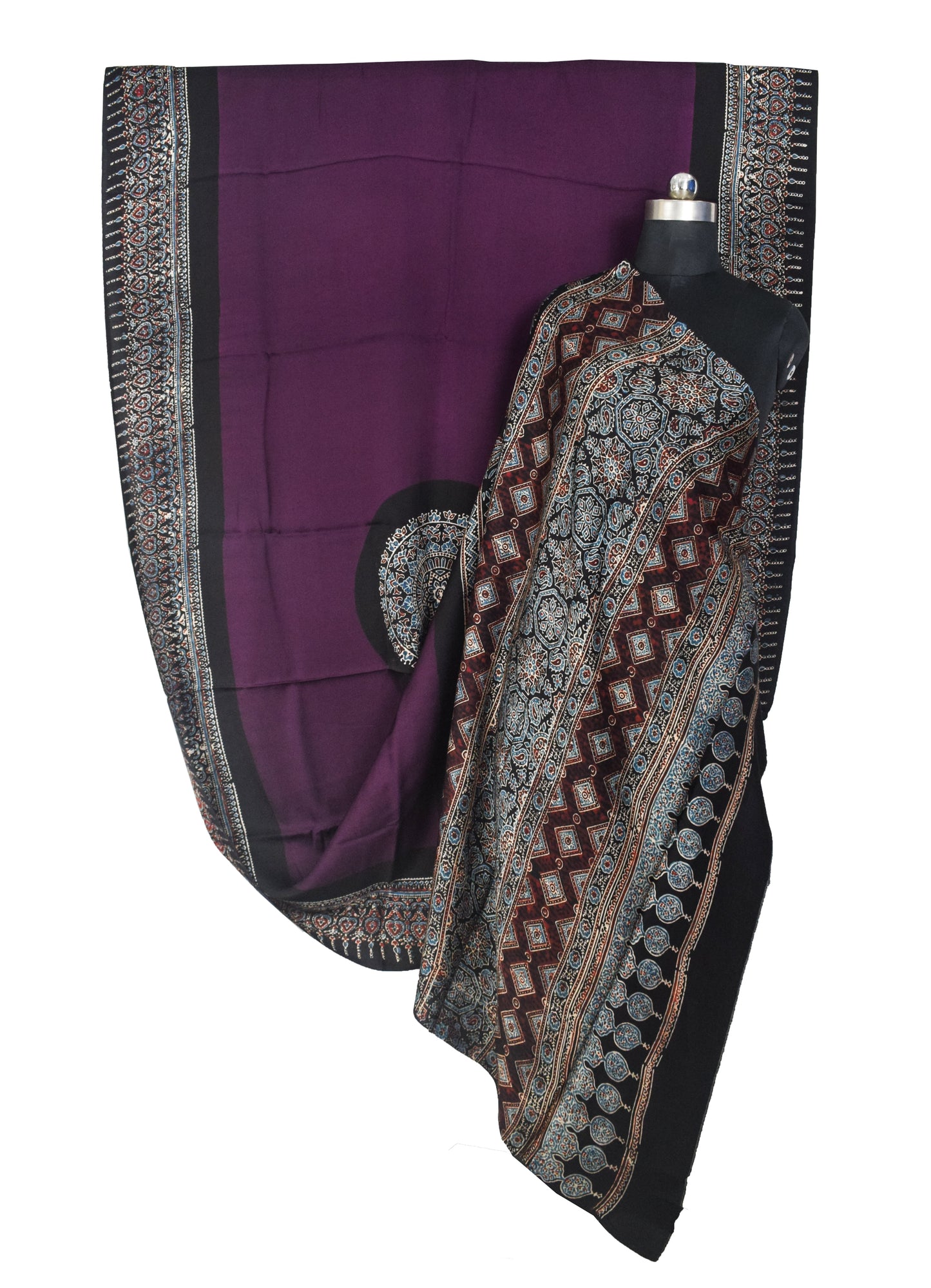 Plain Dyeing Modal Silk Part Natural Dye With Full Ajrakh Border & Ajrakh Pallu Hand Block Print Saree with Blouse Piece - 5.5 Mtr Length    -  SKU : 0166-PUBK