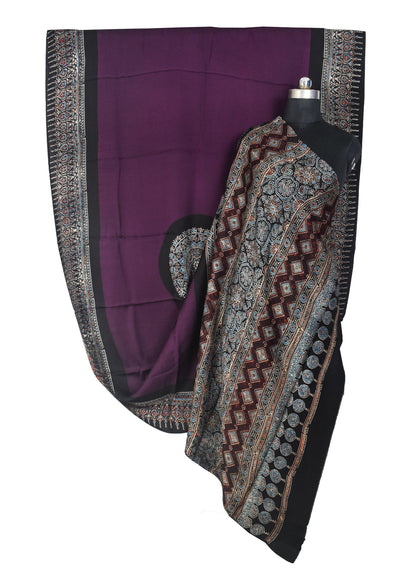 Plain Dyeing Modal Silk Part Natural Dye With Full Ajrakh Border & Ajrakh Pallu Hand Block Print Saree with Blouse Piece - 5.5 Mtr Length    -  SKU : 0166-PUBK