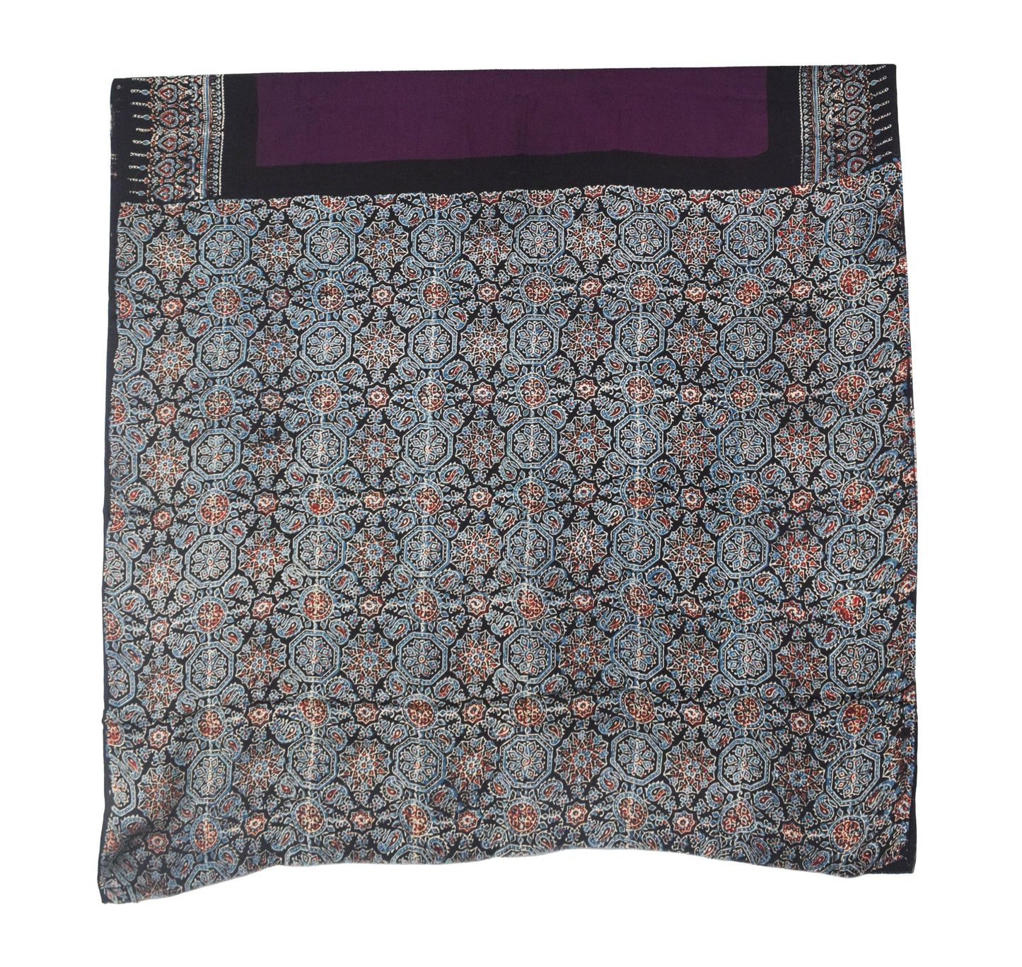 Plain Dyeing Modal Silk Part Natural Dye With Full Ajrakh Border & Ajrakh Pallu Hand Block Print Saree with Blouse Piece - 5.5 Mtr Length    -  SKU : 0166-PUBK